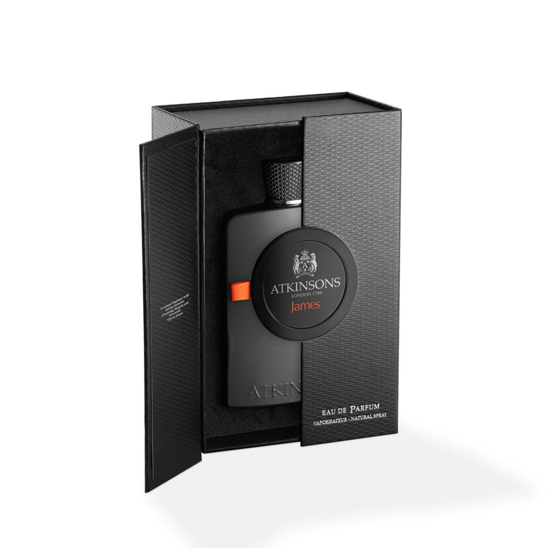 Atkinsons Perfume | James Perfume | Black Bottle with Box, White Background
