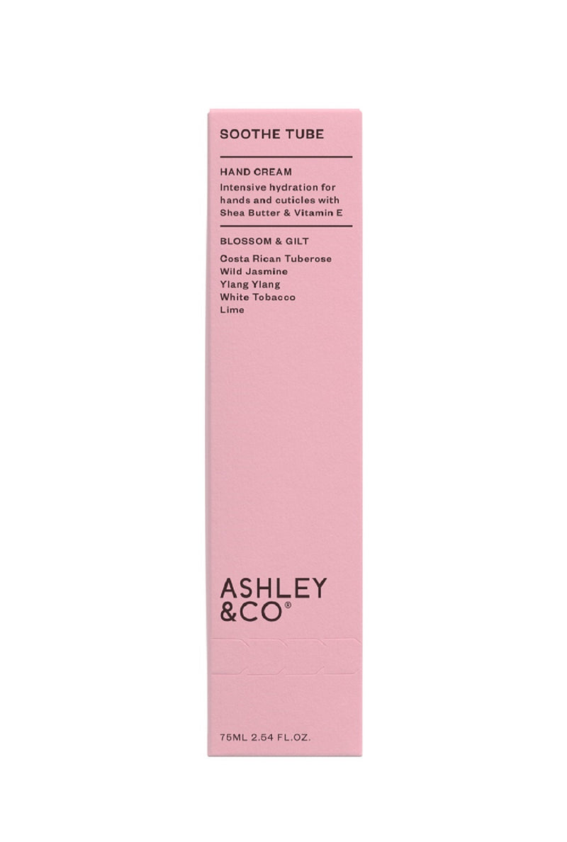 Blossom & Gilt Soothe Tube, Hand Cream by Ashley & Co - Pink Box White Background