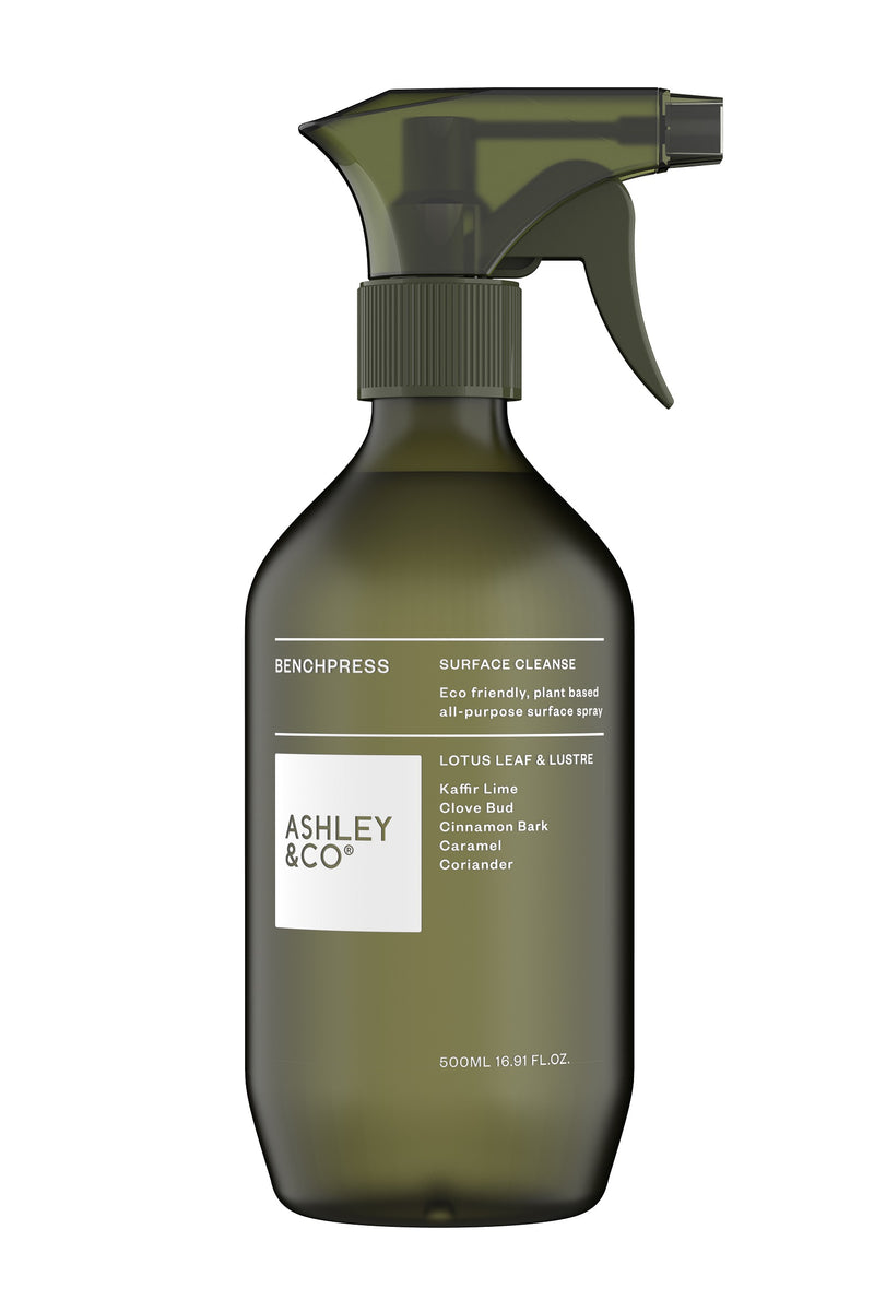 Lotus Leaf & Lustre BenchPress, 100% Natural Surface Spray by Ashley & Co - Green Bottle White Background