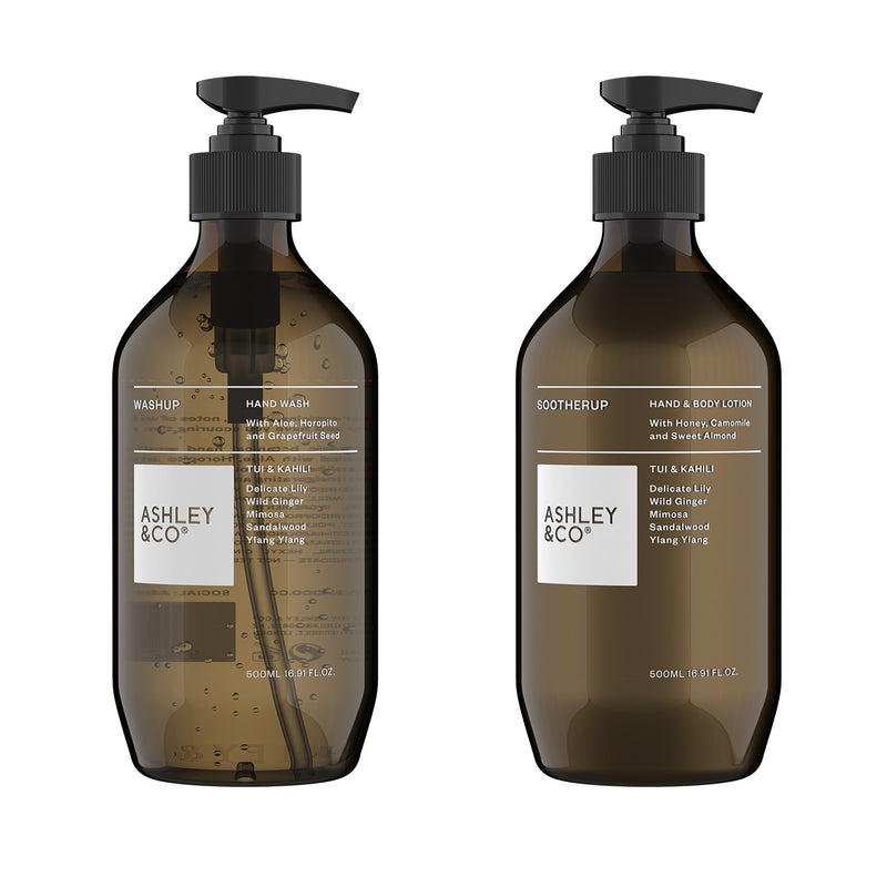 Tui & Kahili Pair Up, Hand Wash & Lotion Set by Ashley & Co - Black Bottles White Label